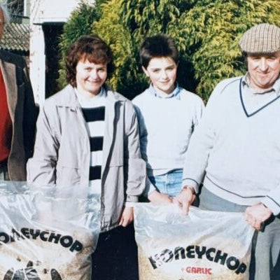 Honeychop family with early feed bags on the Suffolk farm