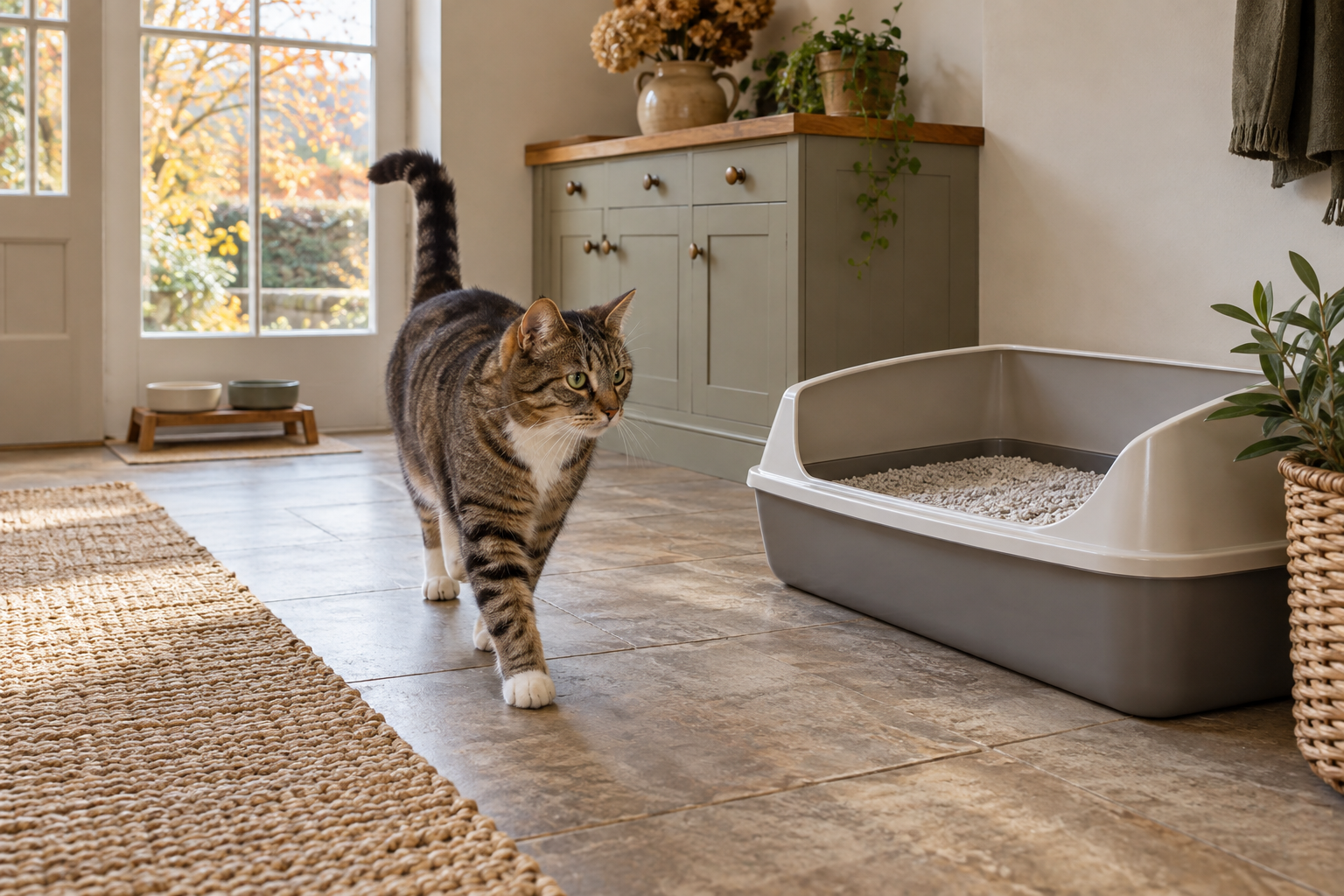 Tabby cat beside a spacious open litter tray