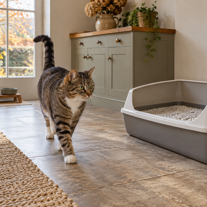 Tabby cat beside a spacious open litter tray