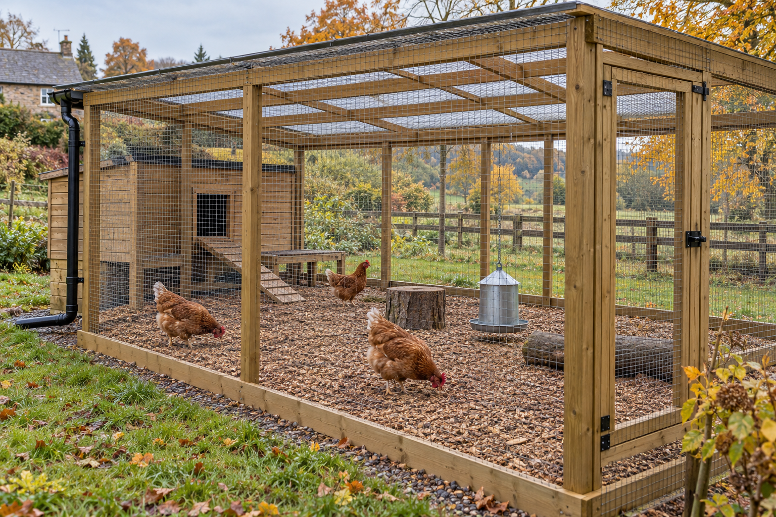 Hens in a covered run with dry footing and guttering outside