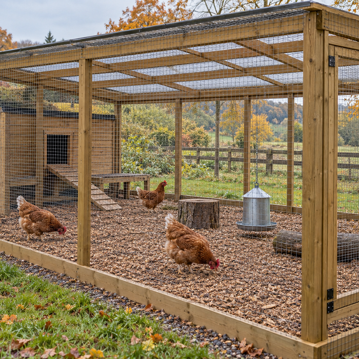 Hens in a covered run with dry footing and guttering outside