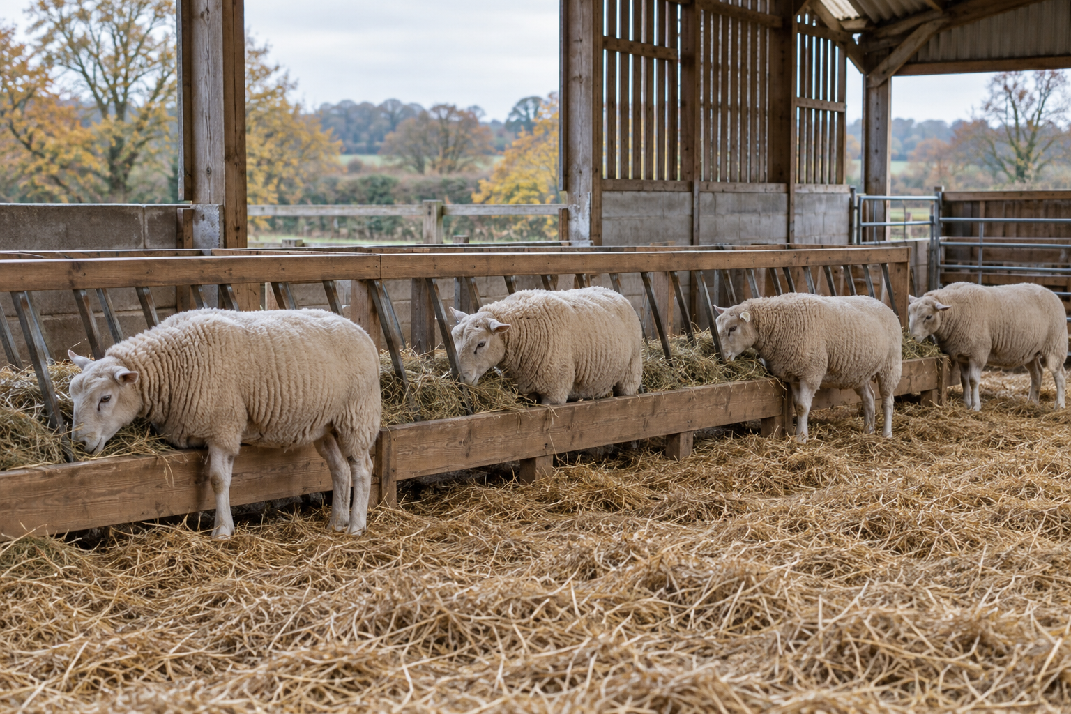 Ewes with space to feed along a hay feeder
