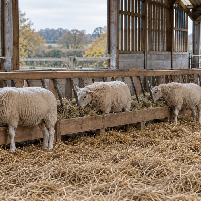 Ewes with space to feed along a hay feeder