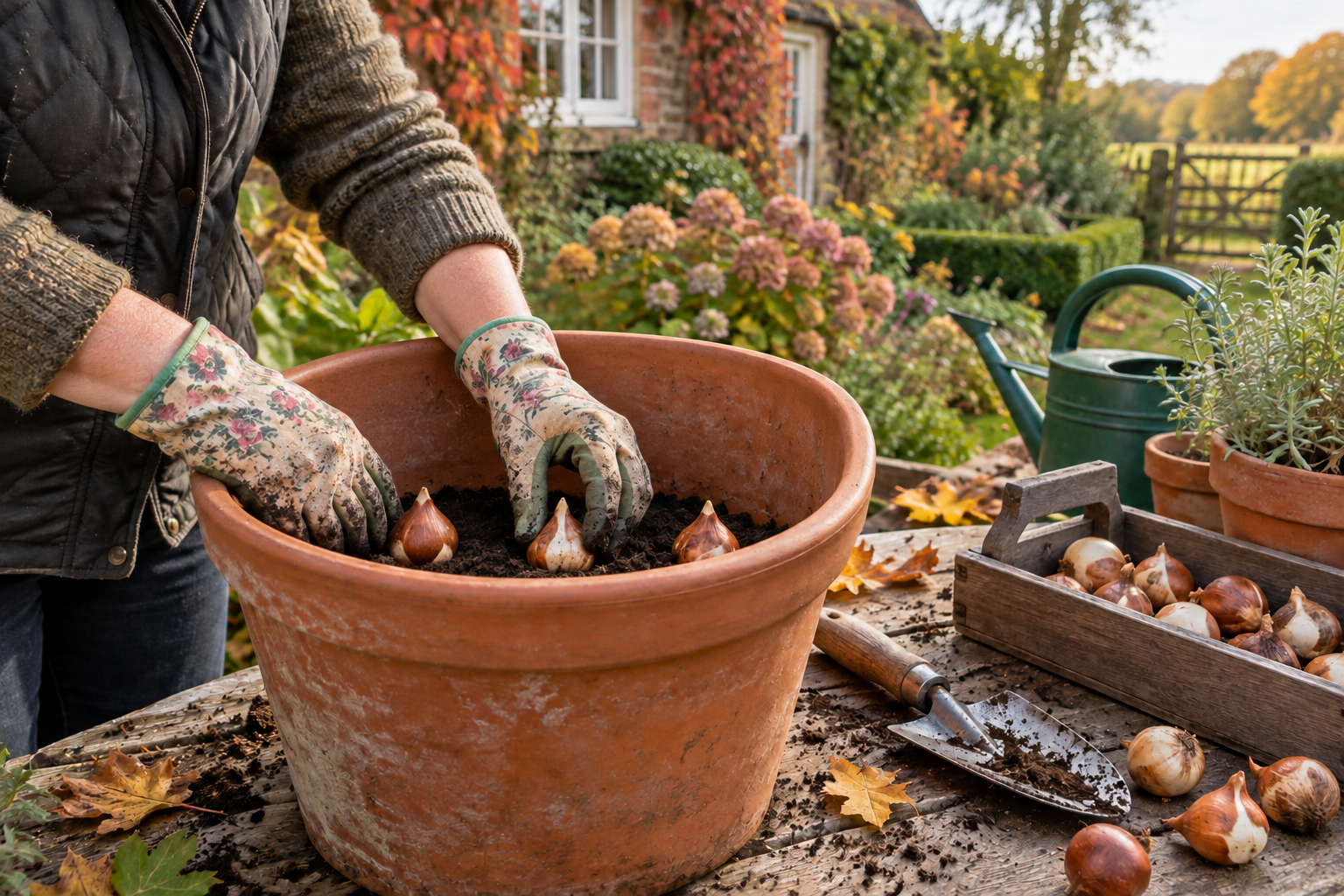 Planting tulip bulbs upright in a deep pot in autumn
