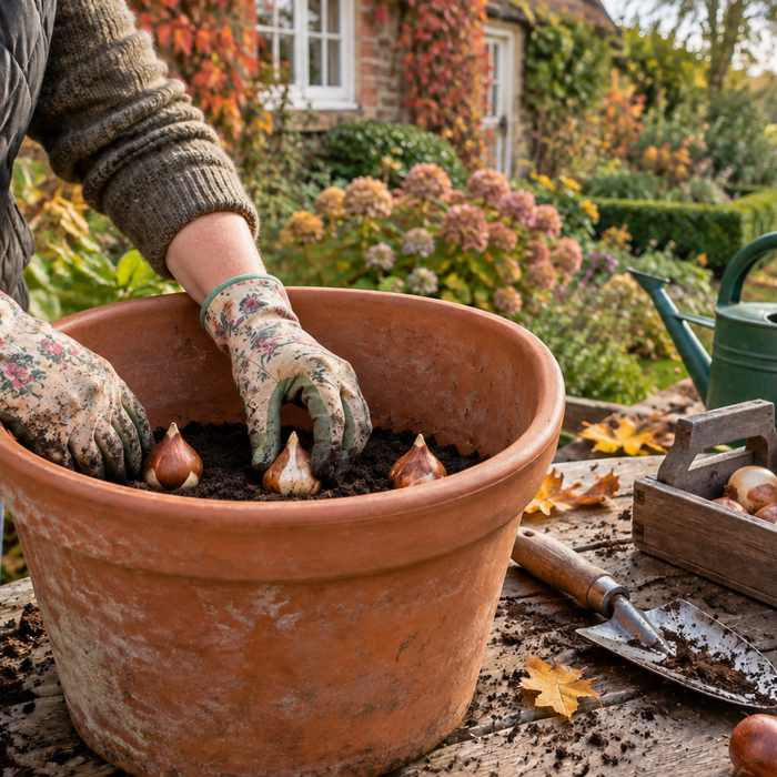 Planting tulip bulbs upright in a deep pot in autumn
