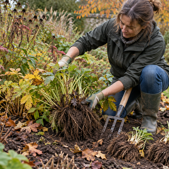Divided perennial clumps ready for replanting in an autumn border