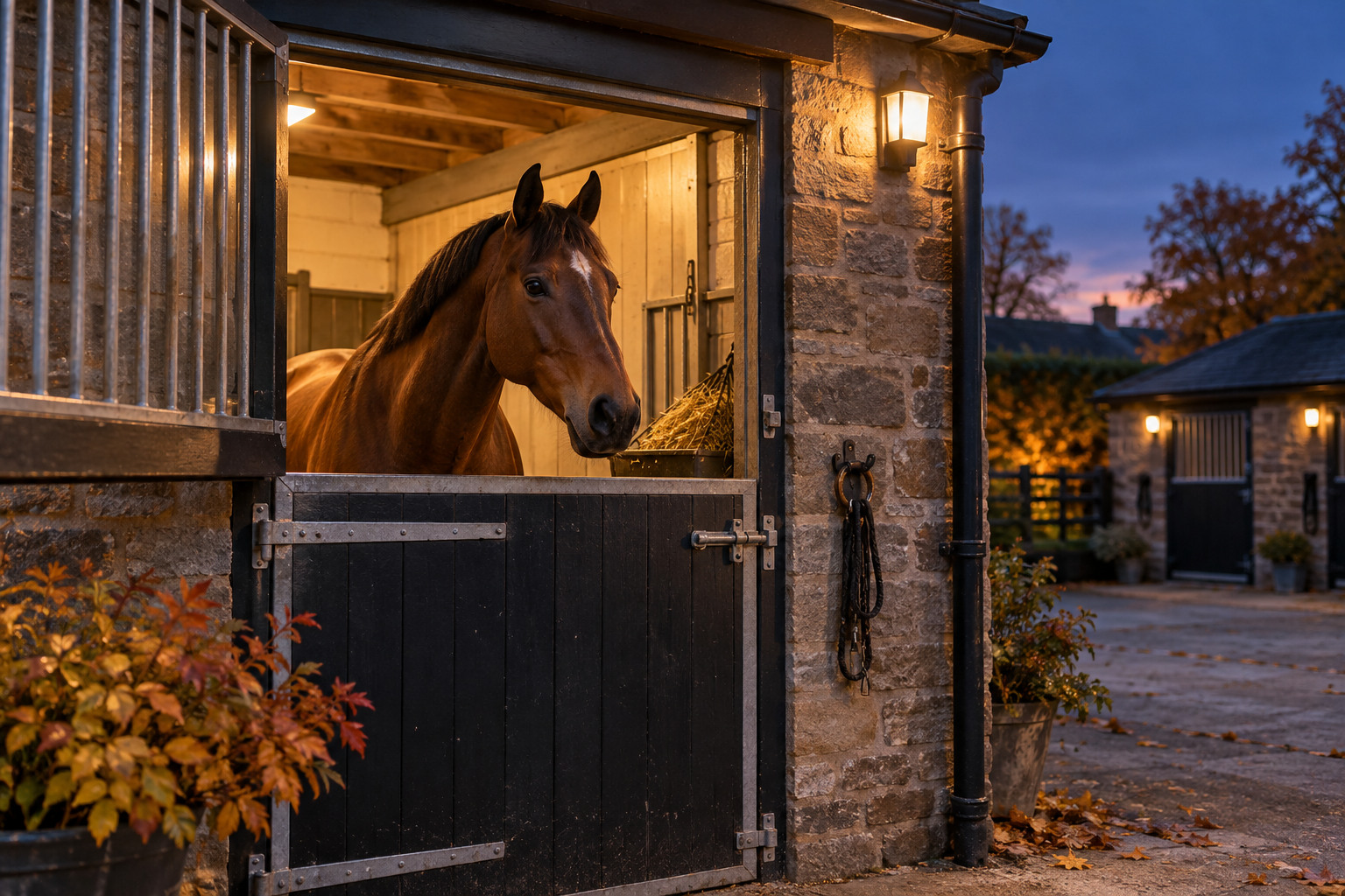 Bay horse in a familiar stable at dusk before Bonfire Night