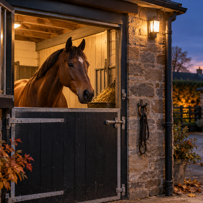 Bay horse in a familiar stable at dusk before Bonfire Night