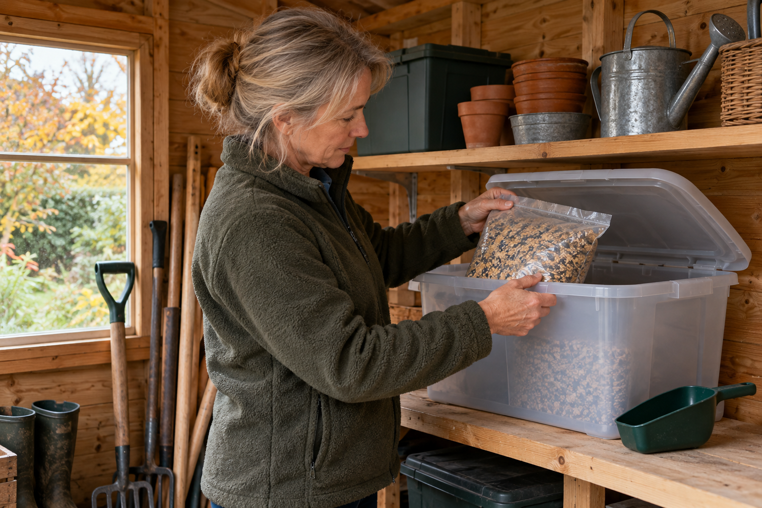 Checking stored bird food in a dry shed before winter
