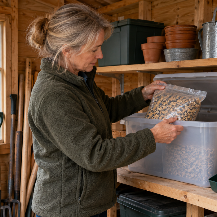 Checking stored bird food in a dry shed before winter