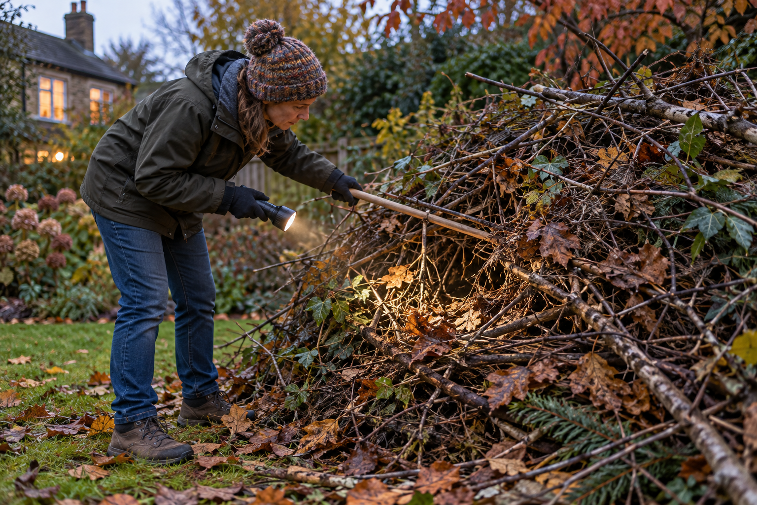 Checking an unlit garden bonfire pile with a torch and broom handle