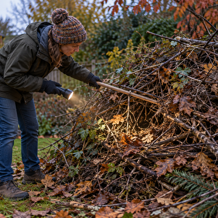 Checking an unlit garden bonfire pile with a torch and broom handle
