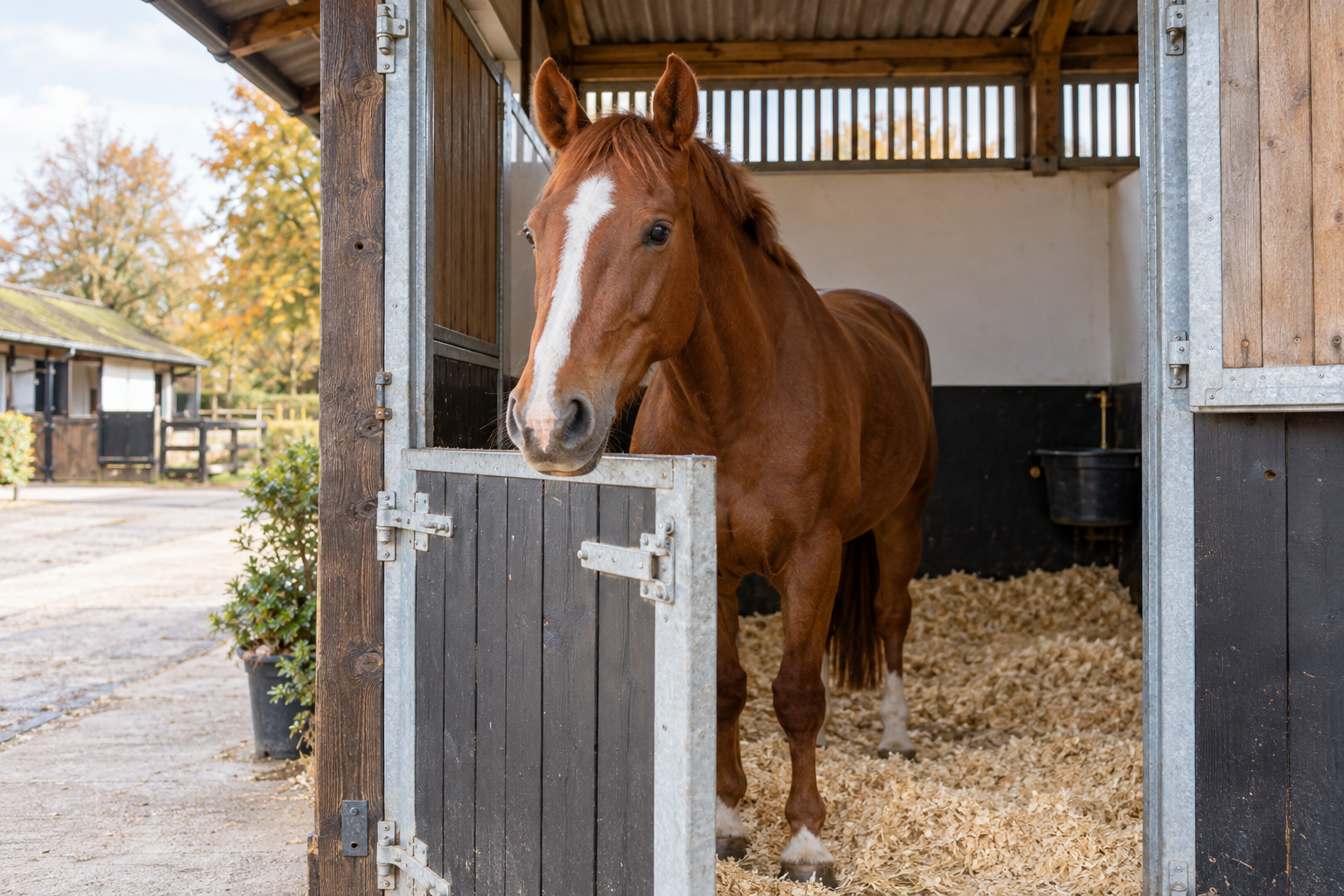 Chestnut horse in a bright stable with high ventilation openings and clean bedding