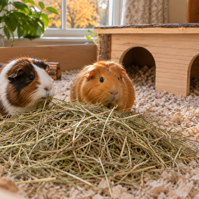 Two guinea pigs beside clean hay and a wooden shelter
