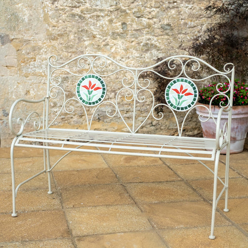 Ascalon Floral Mosaic Metal Garden Bench – Cream