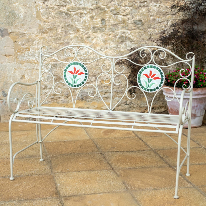Ascalon Floral Mosaic Metal Garden Bench – Cream