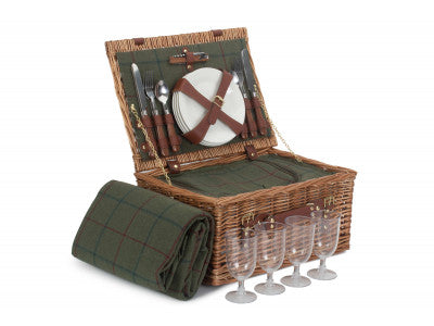 Green Tweed Classic 4 Person Picnic Hamper with Blanket