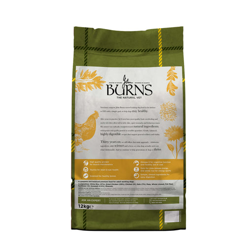 Back of Burns Working Active Chicken & Rice 12kg bag showing ingredients and nutritional analysis