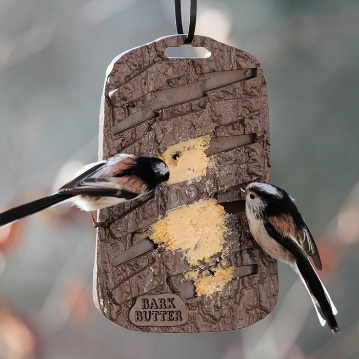 Happy Bird Bark Butter Feeder in use with garden birds