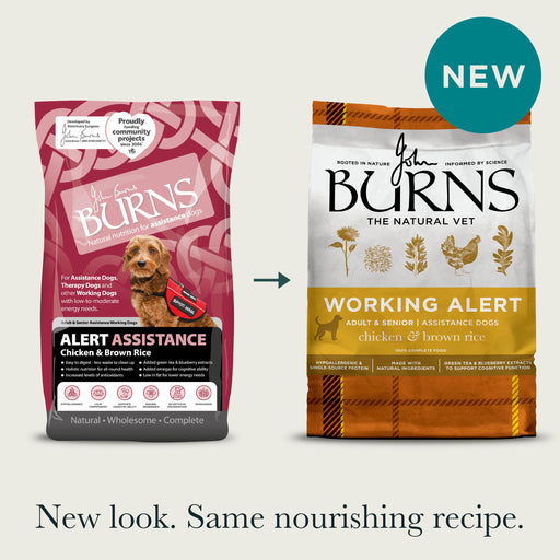 Burns Alert Assistance Chicken & Brown Rice old and current Working Alert packaging