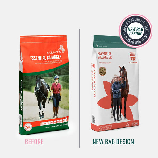 Saracen Essential Balancer – Low-Calorie Daily Balancer for Hoof & Digestive Support – 20kg – old and new pack comparison