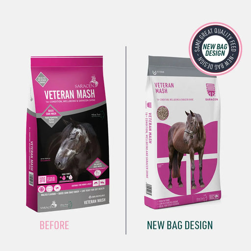 Saracen Veteran Mash – Easy-Soak Senior Feed for Condition & Digestion – 20kg - SEPTEMBER SPECIAL OFFER - 12% OFF – old and new pack comparison