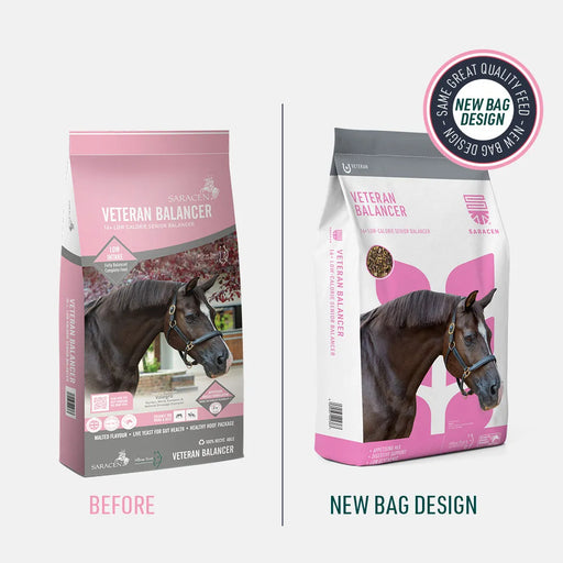 Saracen Veteran Balancer – Senior Horse Balancer for Digestion, Joints & Weight – 20kg – old and new pack comparison