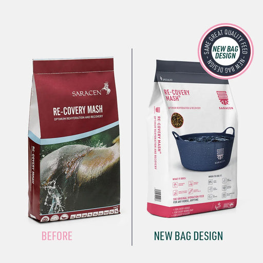 Saracen Re-Covery Mash – Hydration Mash for Fluid Intake, Gut Health & Recovery – 20kg – old and new pack comparison