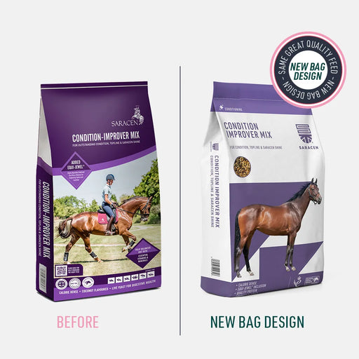 Saracen Condition Improver Mix – Oat-Free Calorie-Rich Mix for Weight Gain & Topline – 20kg – old and new pack comparison