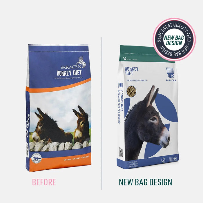 Saracen Donkey Diet – High-Fibre Low-Energy Cubes for Donkeys – 20kg – old and new pack comparison