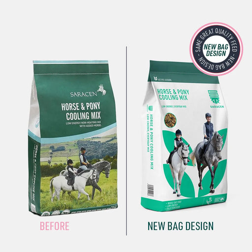 Saracen Horse & Pony Cooling Mix – Oat-Free Non-Heating Feed for Controlled Energy – 20kg – old and new pack comparison