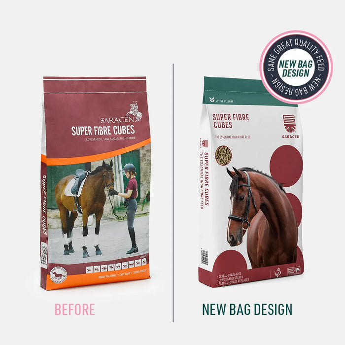 Saracen Super Fibre Cubes – Cereal-Free Cubes for Slow-Release Energy & Digestion – 20kg – old and new pack comparison