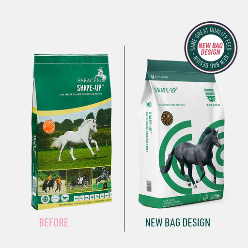 Saracen Shape-Up – Low-Starch High-Fibre Mix for Weight Management – 20kg – old and new pack comparison