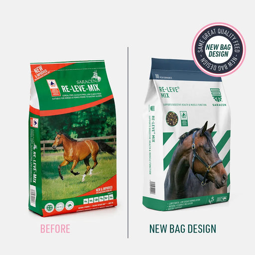 Saracen Re-Leve Mix – Cereal-Free Performance Feed for Gastric & Muscle Support – 20kg – old and new pack comparison