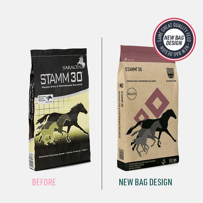 Saracen Stamm 30 Balancer – Concentrated Nutrient Balancer for Breeding & Growth – 20kg – old and new pack comparison