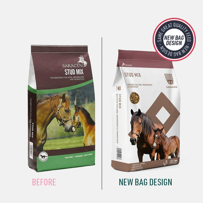 Saracen Stud Mix – Complete Feed for Breeding Stock & Young Horses – 20kg – old and new pack comparison