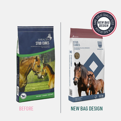 Saracen Stud Cubes – Complete Feed for Breeding Stock & Young Horses – 20kg – old and new pack comparison