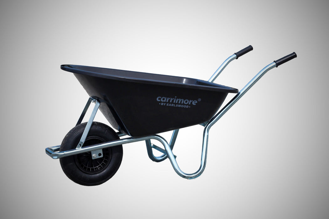 Carrimore Muckmaster 160L black wheelbarrow with pneumatic wheel, shown assembled