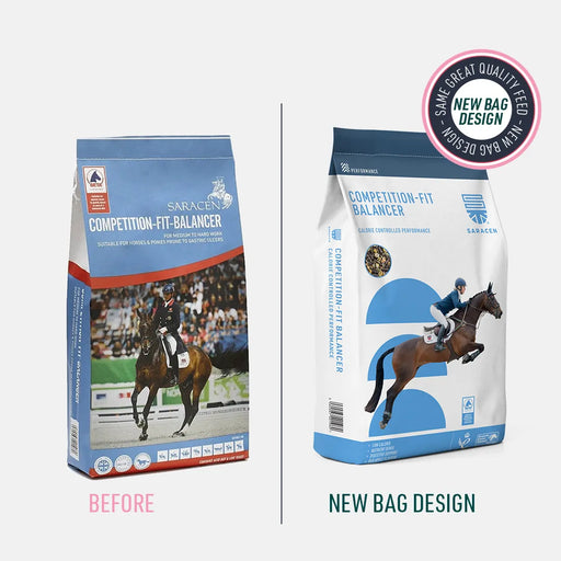 Saracen Competition-Fit Balancer – Low-Intake Performance Balancer for Topline & Digestion – 20kg – old and new pack comparison