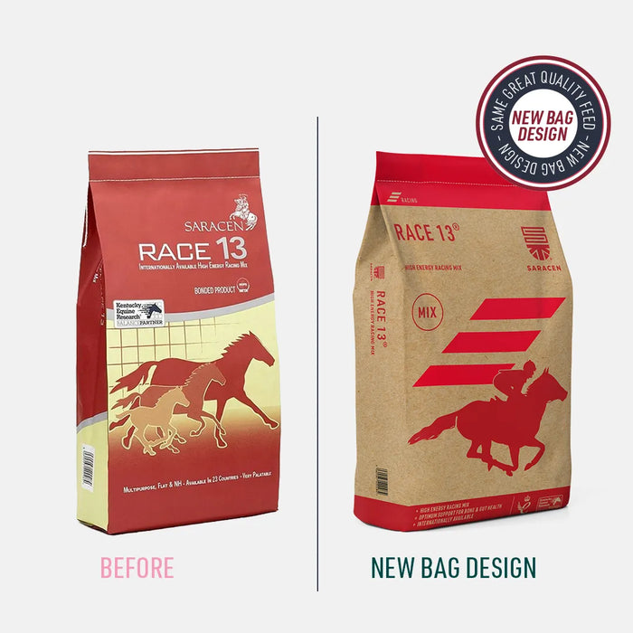 Saracen Race 13 – High-Energy Racing Mix for Performance & Stamina – 20kg – old and new pack comparison