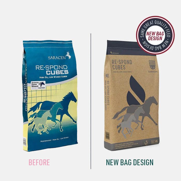 Saracen Re-Spond Cubes – Low-Starch High-Oil Cubes for Controlled Energy – 20kg – old and new pack comparison