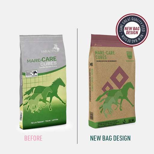 Saracen Mare-Care Cubes 20kg – Broodmare Feed for Pregnancy & Lactation – old and new pack comparison