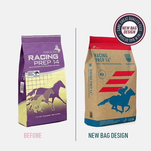 Saracen Racing Prep 14 – High-Oil Conditioning Mix for Racehorses – 20kg – old and new pack comparison