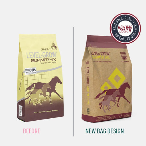 Saracen Level-Grow Mix Summer Formula 20kg – Youngstock & Broodmare Feed – old and new pack comparison