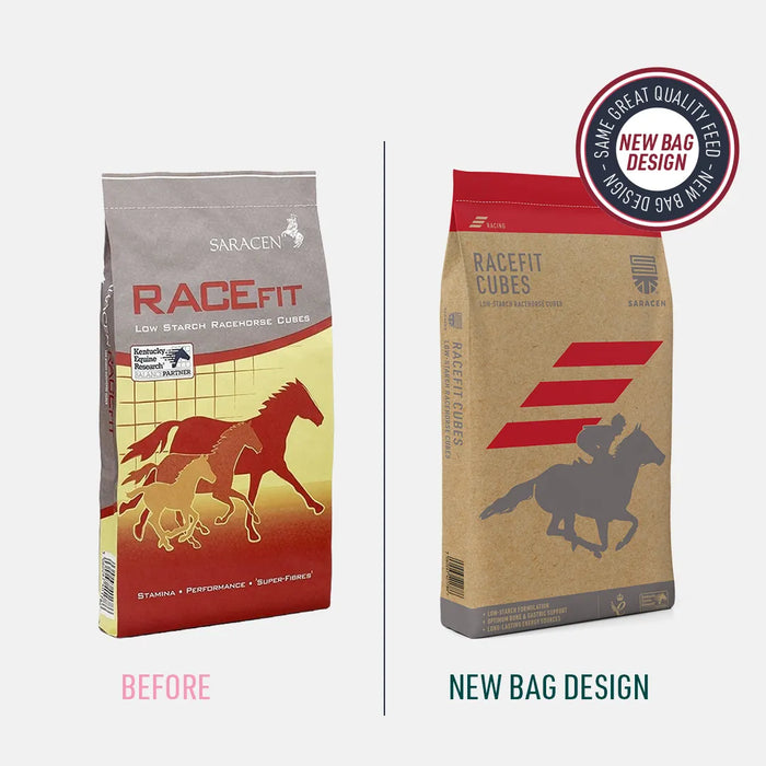 Saracen Racefit Cubes 20kg – Low-Starch High-Fibre Racing Feed – old and new pack comparison