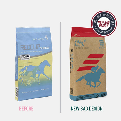 Saracen Recoup Cubes 20kg – Lower-Starch High-Fibre Early Fitness Feed – old and new pack comparison
