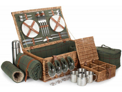Deluxe Green Tweed 4 Person Picnic Hamper with Flask