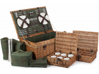 Green Tweed 6 Person Picnic Hamper with Rope Handles
