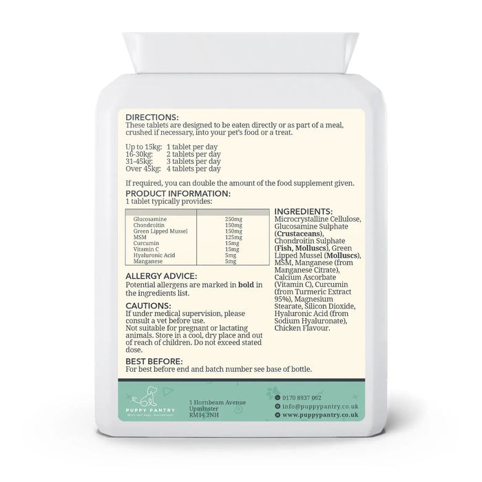 Joint Support Tablets – Chicken (120 Pack)
With glucosamine, chondroitin & MSM for mobility & comfort at all ages