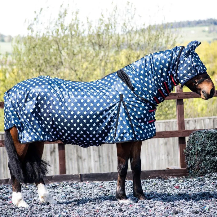 Horse Pony Fly Sheet Rugs Lite Combo Belly Tail Cover Mask Navy White Star 5'3-6'9 - Chestnut Mill
